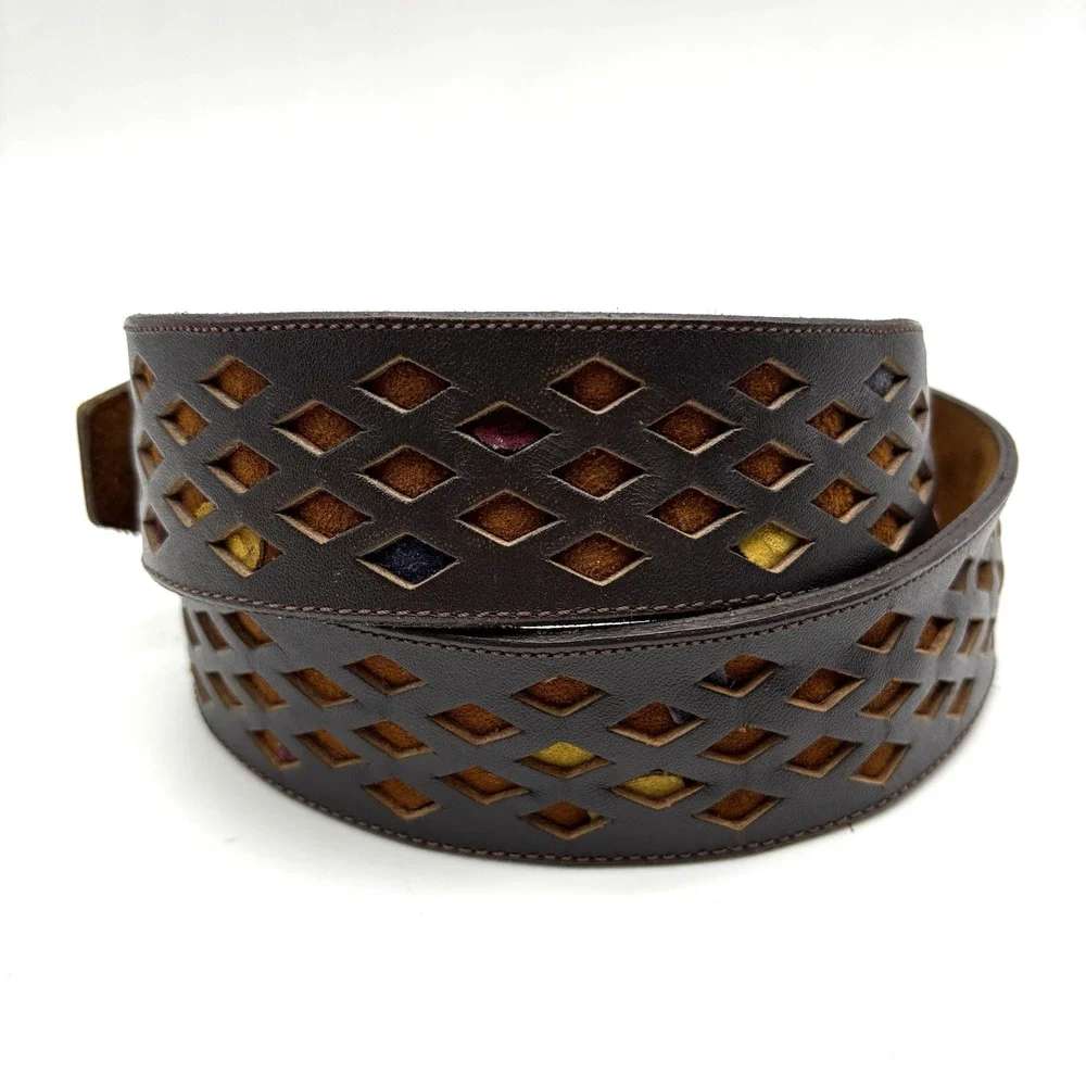 Vtg 80s Handmade Diamond Laser Cut-out Multicolor Suede Inlay Western Belt 34